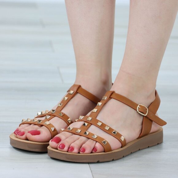 Tan Metal Stud Trendy Comfy Flat Gladiator Sandal Slip On Sliders - Picture 11 of 13